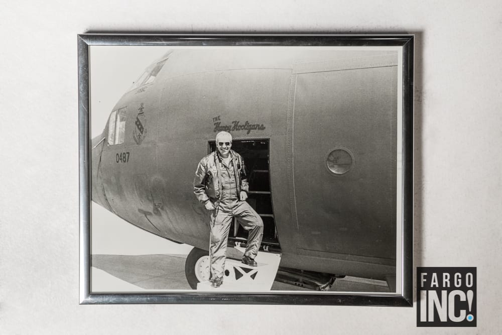 Kenville stands outside of a C-130 airplane at the Air National Guard base in Fargo. 
