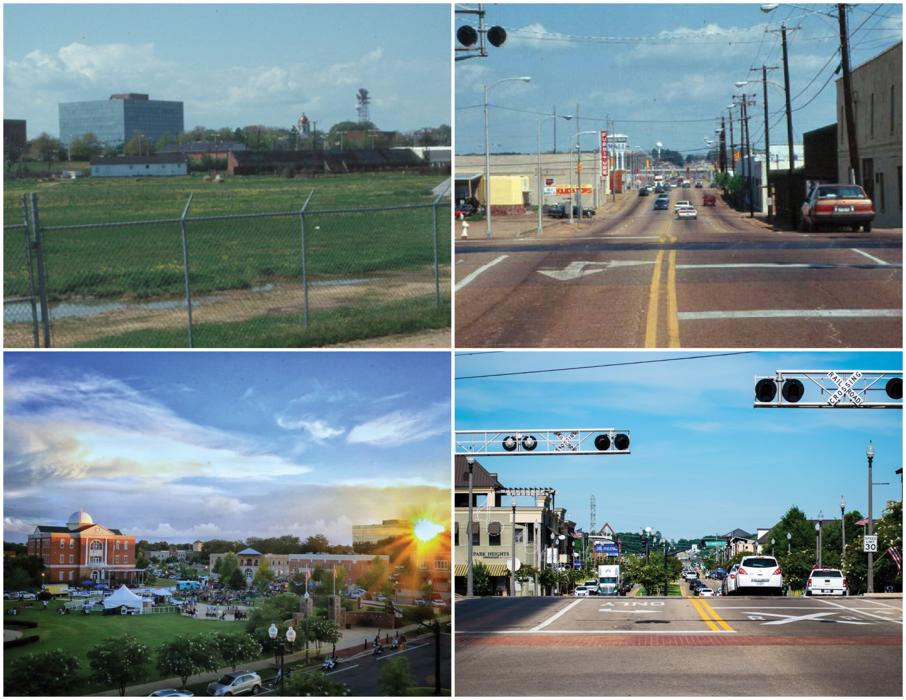 A picture of the Fairpark District before and after redevelopment.