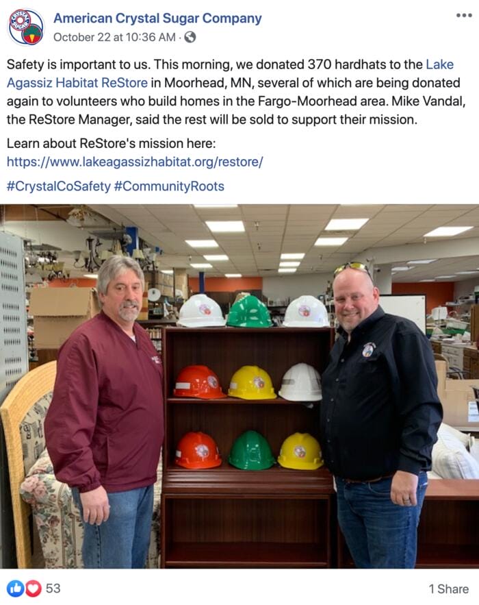 American Crystal Sugar Company Facebook post on safety.