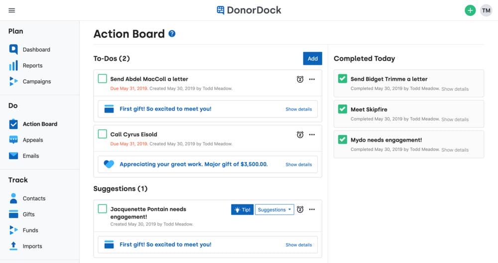 More than a to-do list, the Action Board responds to important events as they happen. DonorDock’s nudge technology helps you know your priorities, next moves, and what needs to be reviewed. Never miss a chance to engage more deeply with your donors.
