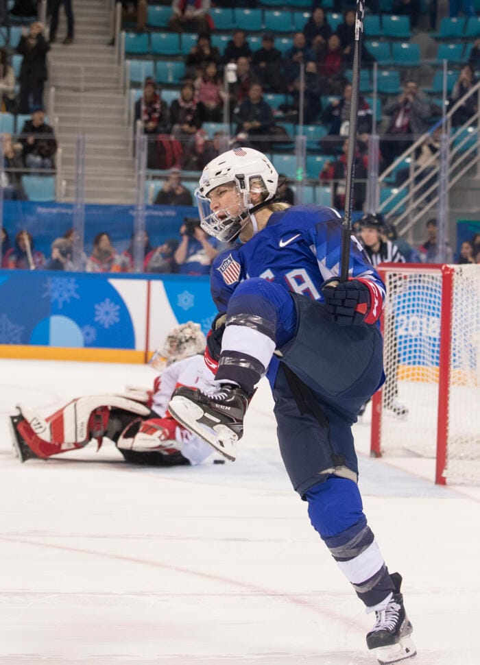 Jocelyne Lamoureux-Davidson celebrates her shootout goal.