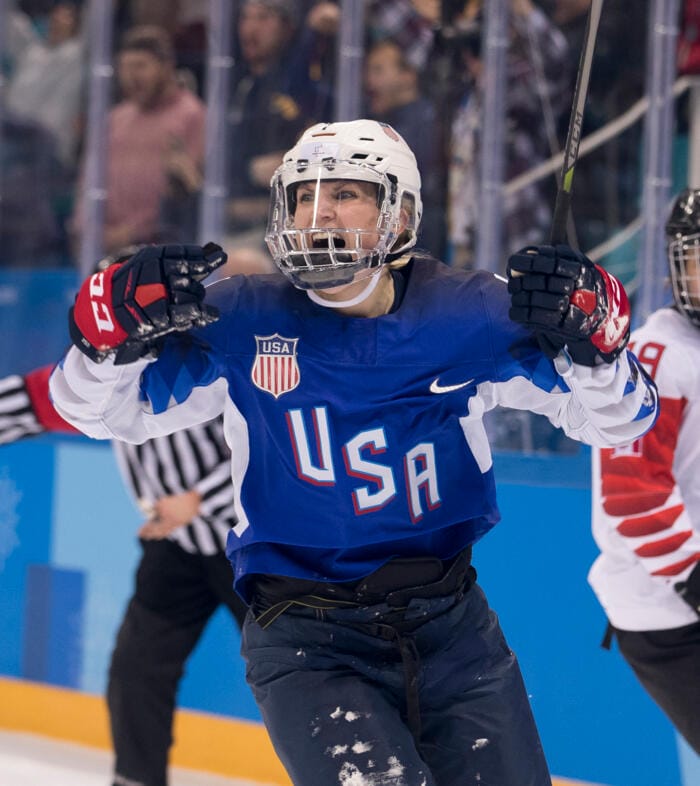 Monique Lamoureux-Morando celebrates her game-tying goal against the Canadians.