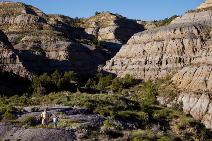 Hiking in the North Unit of Theodore Roosevelt National Park near Watford City. Credit North Dakota Tourism